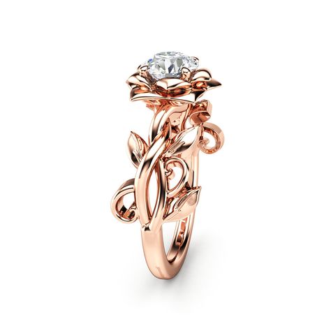 Vintage Gold Engagement Rings, Moissanite Engagement Ring Rose Gold, Ring Rosegold, Gold Solitaire Engagement Ring, Leaf Engagement Ring, Engagement Ring Rose Gold, Flower Engagement Ring, Engagement Ring White Gold, 14k Rose Gold Ring