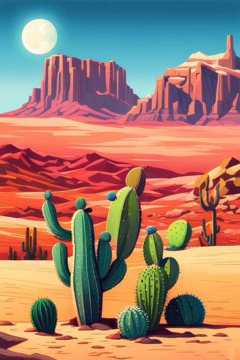 Sunset in The Southwest Digital Illustration I Art Print Desert Cactus Illustration, Cactus Digital Art, Desert Graffiti, Sedona Art, Cactus Inspiration, Cactus In Desert, Southwest Art Paintings, Desert Images, Mexican Landscape