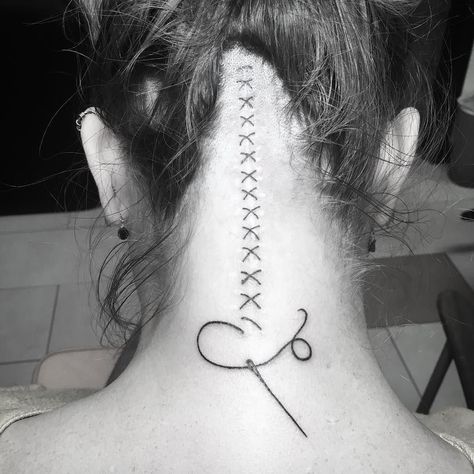 Tattoo Stitches Scar, Stitches Scar Tattoo Design, Tattoo Over Back Scar, Stitches Scar Tattoo Ideas, Zipper Tattoo Over Scar, Stitches Tattoo Scar, Sewn Tattoo, Neck Scar Tattoo, Stitches Tattoo Design