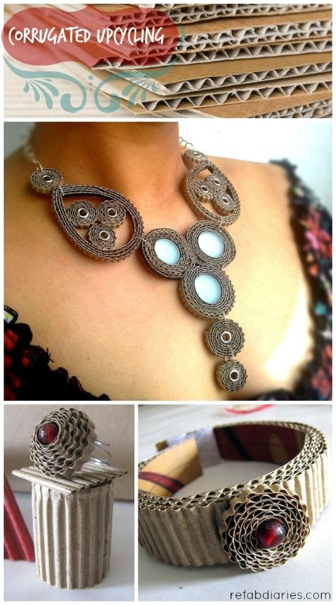 Upcycle: Corrugated cardboard jewelry Upcycled Jewelry Diy, Cardboard Jewelry, Quilled Jewellery, Cardboard Sculpture, Paper Bead Jewelry, Quilling Jewelry, Jewelry Advice, Pulseras Diy, Cardboard Art