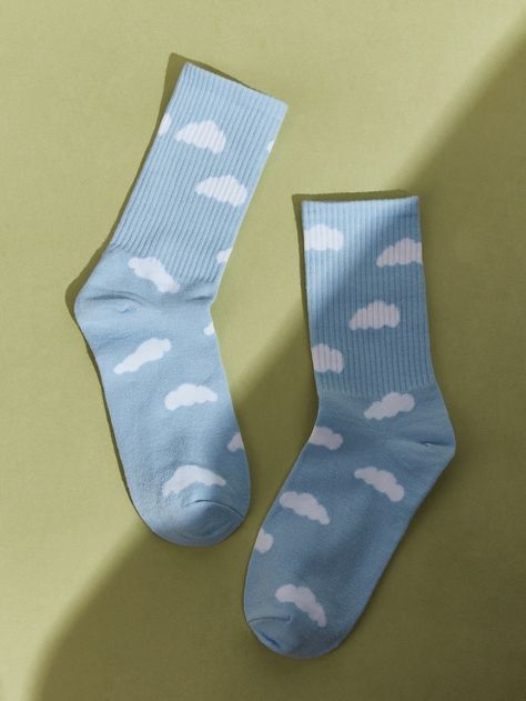 Blue    Cotton  Crew Socks Embellished   Women Socks & Hosiery Socks Photography, Trendy Socks, Cloud Print, Women Crew Socks, Blue Socks, Blue Clouds, Cute Socks, Socks And Tights, Designer Socks