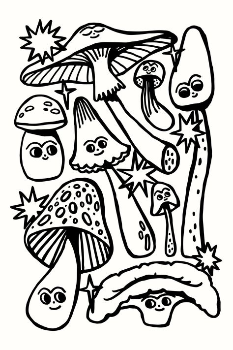 Line Drawing Mushroom, Wall Drawing Ideas Bedroom, Wall Drawing Ideas, Mushroom Wall Art, Art Mushroom, Crystal Drawing, Mushroom Drawing, Cute Mushroom, Colouring Page