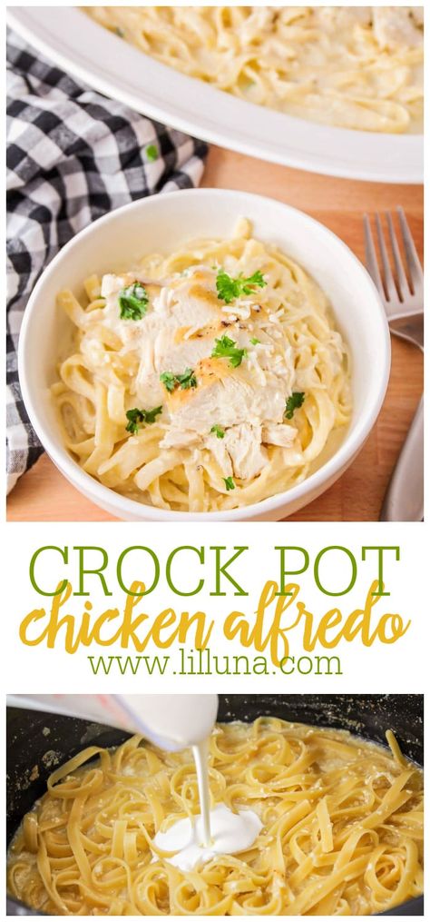 Creamy and delicious crock pot chicken alfredo is an easy make ahead meal. It is filling and flavorful, perfect for busy weeknights! #crockpotchickenalfredo #slowcooker #crockpot #chickenalfredo Easy Crockpot Chicken Alfredo Recipe, Crock Pot Chicken Alfredo, Slow Cooker Chicken Alfredo, Simple Chicken Alfredo Recipe, Easy Crock Pot Chicken, Crockpot Chicken Alfredo, Easy Veggie Side Dish, Chicken Alfredo Recipe, Chicken Fettuccine Alfredo