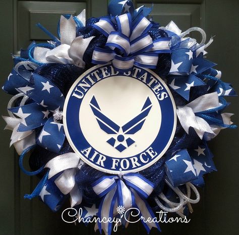 Air Force Wreath, USAF Wreath, Military Wreath, Patriotic Wreath, Soldier Wreath, Deco Mesh Wreath, Memorial Wreath, Veterans Wreath, Wreath by ChanceyCreations on Etsy Veterans Wreath, Military Crafts, Military Wreath, Fall Deco Mesh Wreath, Fall Deco Mesh, Memorial Day Wreaths, 4th Of July Decor, Wreaths For Sale, Wire Wreath Frame