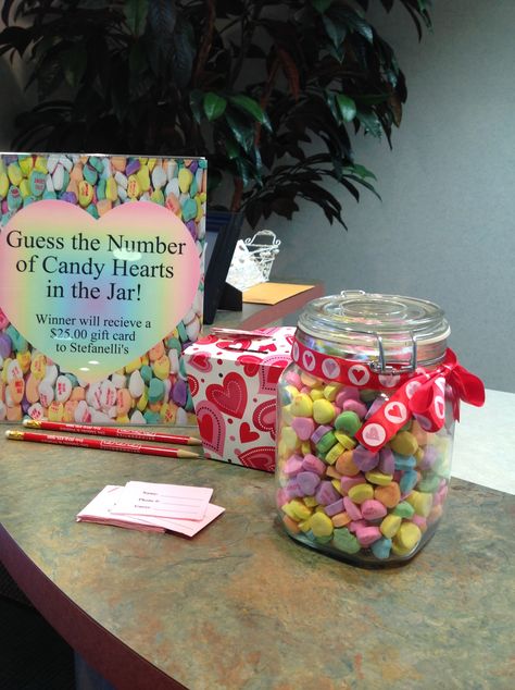 Candy heart contest..   Guess the number of hearts in the jar Guess Number Of Candies In Jar, February Employee Appreciation, Nursing Home Valentines Day Party, Valentine Day Office Decor, Valentines Day Resident Event Ideas, Employee Valentines Day Ideas, Valentines Day Staff Morale, Valentines Staff Ideas, Valentines Ideas For Work Place