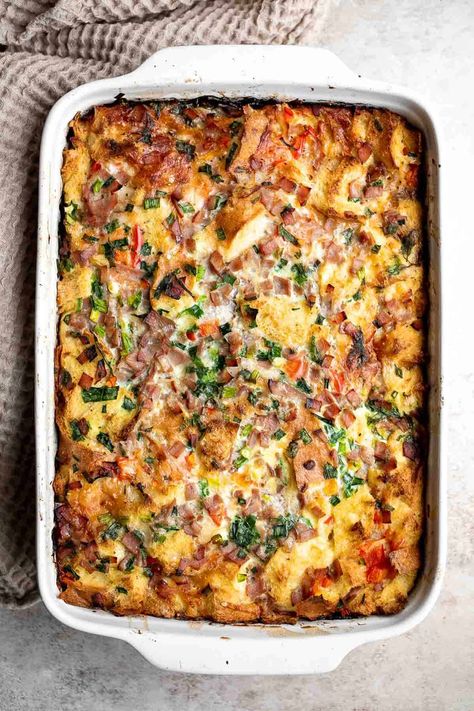 Breakfast Casserole Half Baked Harvest, Breakfast Strata Recipes Overnight, Half Baked Harvest Breakfast Casserole, Egg Bake Casserole With Bread, Soul Food Breakfast Ideas, Strada Recipe Breakfast, Stuffing Strata, Breakfast Strata Recipes, Croissant Strata