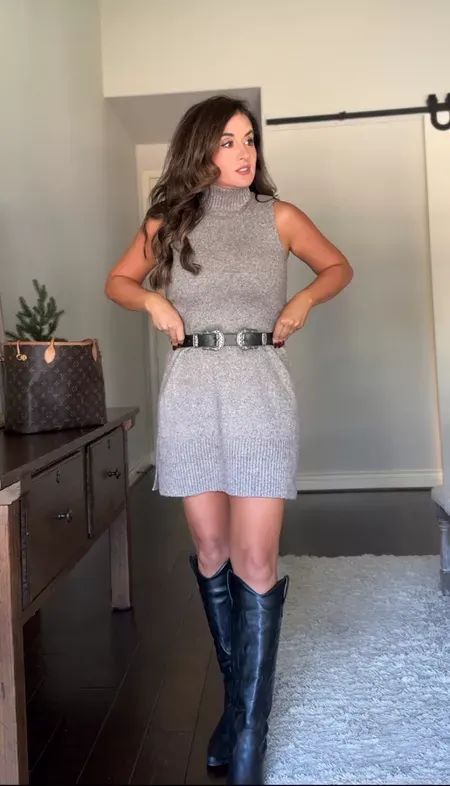 Cute fall outfit idea for women- Walmart turtleneck sleeveless dress with western belt and boots. Shop it all on the post. Sleeveless Turtleneck Dress Outfit, Dress With Western Belt, Sweater Dress Outfit Fall, Dress Outfit Fall, Sweater Dress With Belt, Turtleneck Dress Sleeveless, Women's Cowboy Boots, Sweater Dress Outfit, Turtleneck Sleeveless