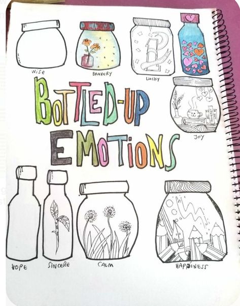 Art Therapy Projects For Anger, Bottling Up Emotions Art, Emotion Doodles Feelings, Expressive Therapy Activities, Dbt Activities Art Therapy, Bottled Up Emotions Art, Jar Of Feelings, Therapy Drawing Ideas, Emotion Doodles