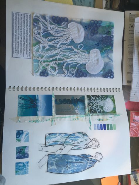 Textiles sketchbook page focusing on texture relating to jelly fish Textile School Projects, Fish Sketchbook Pages, Gcse Art Sketchbook Jellyfish, Jelly Fish Mood Board, Gcse Textiles Sketchbook Water, A Level Art Textiles Sketchbook, Water Textiles Fashion, Textiles Gcse Coursework, Ocean Textiles Sketchbook