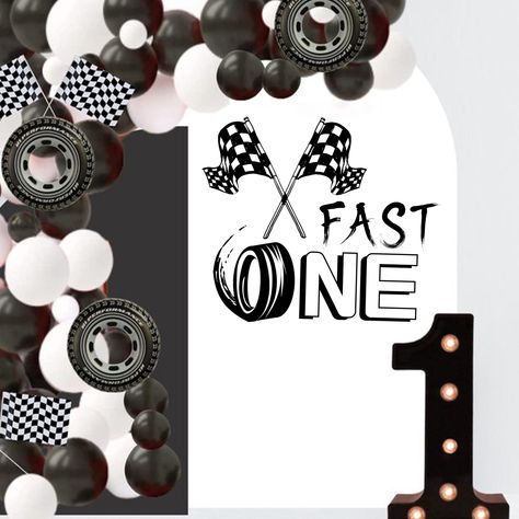 PRICES MAY VARY. PERFECT FOR RACING-THEME - Zoom into a memorable 1st birthday celebration with our "FAST ONE" baby balloon arch decorative sticker in classic black, featuring iconic racing black and white flags, perfect for creating an adrenaline-filled racing-themed party atmosphere. FUN-FILLED EVENT - Cruise into a world of joy and celebration with our racing-themed balloon arch decal, offering a versatile and stylish option that not only marks your baby's 1st birthday but also sets the stage Fast One Birthday Party Backdrop, Fast One Birthday Backdrop, First Birthday Boy Car Themes, A Fast One Birthday Party, Car Theme 1st Birthday Party, The Fast One Birthday Theme, 1st Birthday Boy Car Theme, Fast One First Birthday Party, Car Themed First Birthday Party