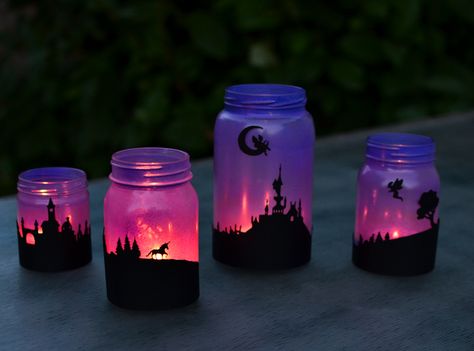 Turn mason jars into a set of fairy-tale lanterns with silhouettes of fairies and unicorns! Three years ago, I made sets of both Halloween and Christmas lanterns. We have enjoyed them for a while, and have since made a few new designs. Along the way, I’ve been trying to improve and simplify the technique of their construction. My … Printable Silhouettes, Glow Stick Jars, Galaxy Jar, Printable Products, Glow Jars, Mason Jar Lanterns, Mason Jar Projects, Fairy Jars, Jar Lanterns