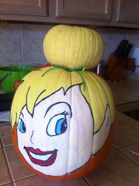 Tinkerbell pumpkin Tinkerbell Pumpkin Painting, Pumpkin Paints, Tinkerbell Pumpkin, Disney Pumpkins, Tinkerbell Halloween, Storybook Pumpkin, Disney Pumpkin Painting, Pumkin Decoration, Creative Pumpkin Decorating