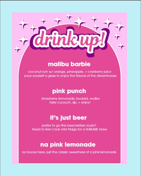 So much fun creating this cocktail and drink menu for our adult barbie party Barbie Birthday Party Woman, Barbie Drinks Party, Barbie Birthday Ideas For Women, 90s Barbie Party, Barbie Drink Station, Barbie Party 30th, Barbie Themed Food And Drinks, Adults Barbie Party, Barbie Party Appetizers