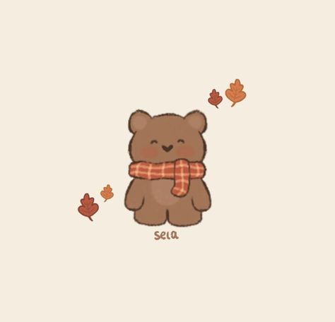 Bear with a scarf and some leaves Art Sketches On Ipad, Autumn Bear Illustration, Fall Items Drawing, Cute Easy Bear Drawing, Fall Drawing Wallpaper, Fall Stuff To Draw, Fluffy Bear Drawing, Cute Fall Art Drawings, Fall Cute Illustration