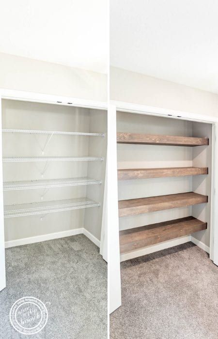 How to upgrade Wire shelves to DIY wood floating shelves Wire Closet Shelves, Pretty Pantry, Shelf Cover, Wire Shelves, Pantry Remodel, Closet Renovation, Shelves Diy, Closet Remodel, Front Street