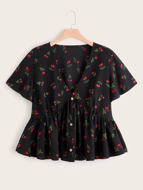 Plus Cherry Print Button Front Peplum Blouse for sale Australia | SHEIN Ruffle Hem Blouse, Fashion Tops Blouse, Trendy Dress Outfits, Blouse Sale, Trendy Fashion Tops, Hem Blouse, Cherry Print, Peplum Blouse, Plus Size Blouses