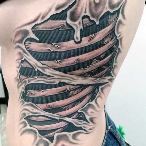 Mens Ripped Skin Tattoos Rib Cage Side Ripped Tattoo, Tear Tattoo, Skin Tear Tattoo, Skin Tear, Ripped Skin Tattoo, Biomech Tattoo, Anatomical Tattoos, Tattoo Ribs, Flesh Tattoo