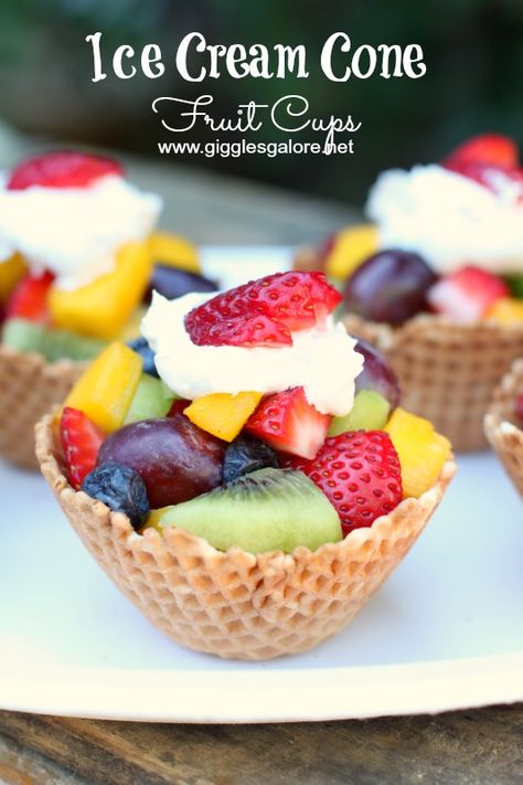 Ice Cream Cone Fruit Cups_Giggles Galore Cone Fruit Cups, Healthy Birthday Treats, Healthy Birthday, Fruit Recipes Healthy, Birthday Snacks, Waffle Ice Cream, Fruity Treats, Fruit Ice Cream, Dairy Free Ice Cream