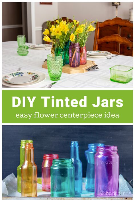 Upcycle empty glass jars with food coloring and mod podge for a beautiful look to your table with minimal time and cost. Modge Podge Glass, Tinted Glass Jars, Glass Jar Diy, Mod Podge Glass, Tinting Glass, Neon Food Coloring, Diy Mod Podge, Painting Glass Jars, Glass Vases Centerpieces