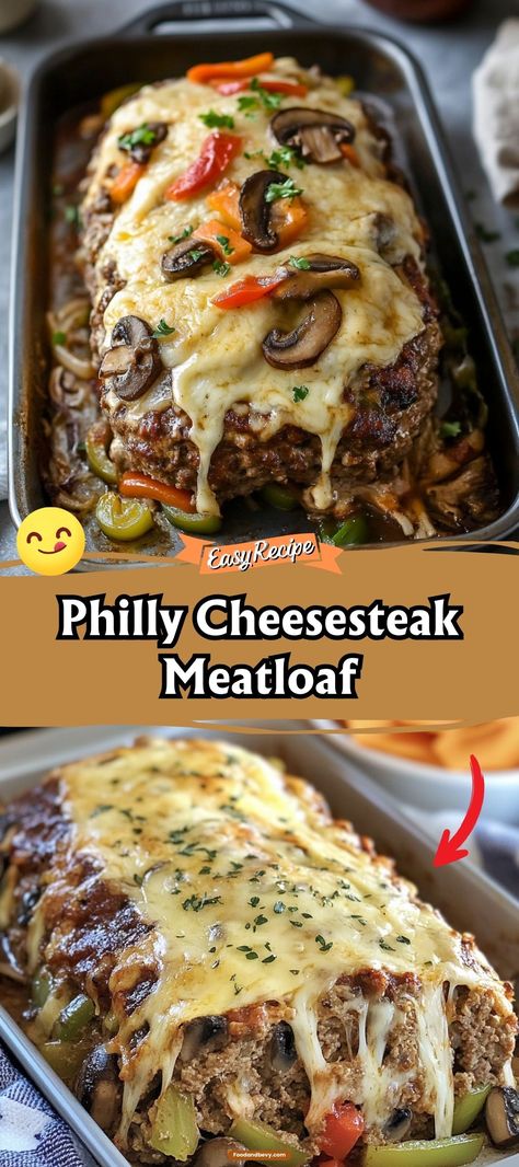 Combine comfort food classics with this Philly Cheesesteak Meatloaf, blending the savory fillings of a Philly cheesesteak into a juicy, hearty meatloaf. Stuffed with cheese, peppers, and onions, this twist on traditional meatloaf is a flavorful update to a family favorite. Meatloaf With Cheese Recipes, Egg Meatloaf, Cheesesteak Meatloaf, Sautéed Peppers, Chopped Steak, Juicy Turkey, Classic Meatloaf, Philly Cheese, Philly Cheesesteak