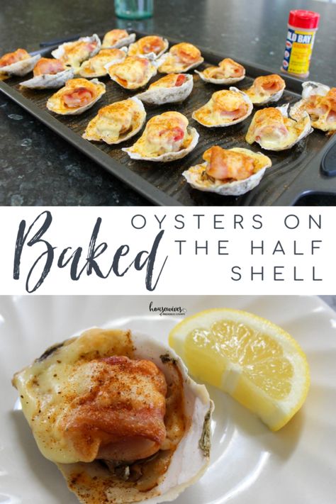 Oysters With Bacon And Cheese, Oysters Recipes, Baked Oyster Recipes, Oyster Recipe, Baked Oysters, Oysters On The Half Shell, Oysters Rockefeller, Oyster Roast, Grilled Oysters