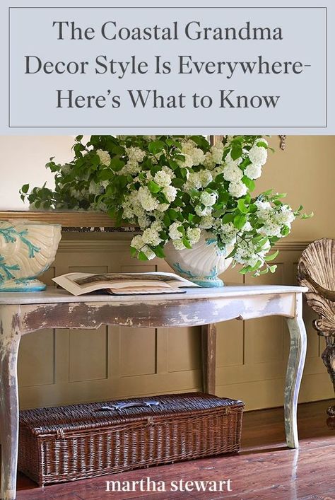 Here, interior designers explain how to translate the coastal grandmother trend—which involves a mix of antiques and new items, linen drapes, blue-and-white color palettes, and overstuffed furniture—across your home. Coastal Decor 2023, Cottage Core Coastal, Coastal Grandmother Style Decor, Coastal Grandmother Decorating Style, Costal Grandma Home Decor, Coastal Grandmother Decorating, Grandmother Coastal Style, French Country Coastal Decorating, Coastal Grandmother Home Decor