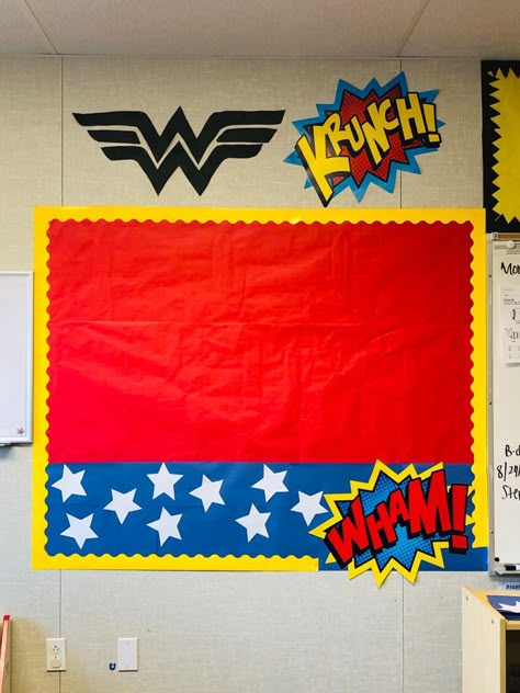 Marvel Theme Bulletin Board, Super Hero Bulletin Boards Elementary, Wonder Woman Bulletin Board, Super Hero Bulletin Board Preschool, Wonder Woman Classroom Theme, Avengers Bulletin Board, Super Hero Bulletin Board Ideas, Marvel Classroom Theme, Hero Bulletin Board