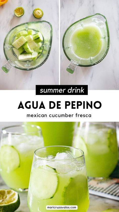 collage of agua de pepino preparation with text overlay Aqua Fresca Recipes, Cucumber Agua Fresca, Fresca Drinks, Cucumber Water Recipe, Cucumber Drink, Isabel Eats, Cucumber Lemonade, Agua Fresca Recipe, Lime Drinks