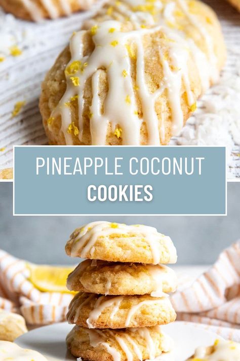 These Pineapple Coconut Cookies combine delicious tropical flavors in a soft cookie topped with a cream cheese glaze. It's like you're transporting yourself to a tropical island paradise, all in the comfort of your home with these refreshing, and fun cookies! Fried Coconut Pineapple Rings, Pineapple Cinnamon Sugar Cookies, Hawaiian Pineapple Coconut Cookies, Pineapple Upside Down Cookies Recipe, Pineapple Cookies Recipes, Pineapple Coconut Cookies, Unusual Cookies, Coconut Macadamia Nut Cookies, Lemon Coconut Cookies