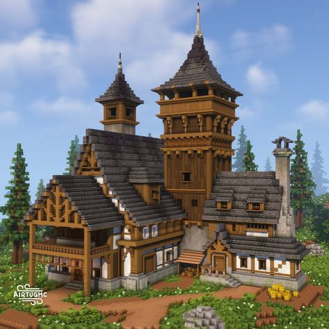 Airtug on Instagram: “Medieval house, lmk what you guys think of it By hahi YU on artstation #minecraft #minecraftbuilds #minecraftbuild #minecraftonly…” Minecraft House Medieval Survival, Minecraft Large House Blueprints, Minecraft Mine House Ideas, Manor Minecraft House, Minecraft How To Build Houses, House Build Ideas Minecraft, Minecraft Building Ideas Medieval Castle, Minecraft Vault Hunters, Minecraft Hermit House