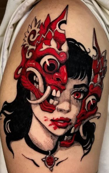 << Check out more Black and Red tattoos #tattoomenow #tattooideas #tattoodesigns #tattoos #black #red #blackandred Red And Black Tattoo Ideas, Red And Black Tattoos, Red And Black Tattoo, Black Red Tattoo, Black Tattoo Ideas, Trash Polka Tattoo Designs, Small Rose Tattoo, Trash Polka Tattoo, Mask Tattoo