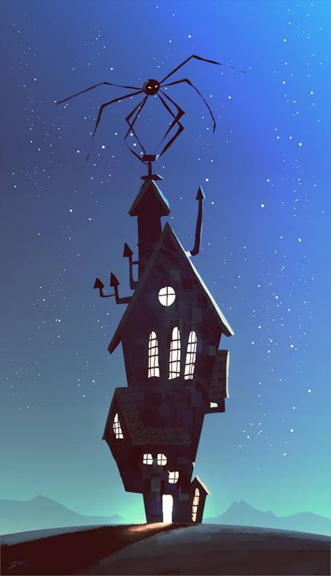 Giant Spider On The Roof by Goro Fujita Coraline Illustration, Goro Fujita, Window Mural, Wood Yard Art, Creepy Houses, House Cartoon, Giant Spider, Halloween Artwork, House Illustration