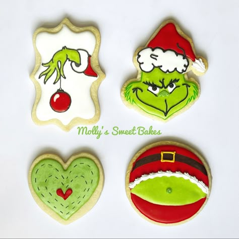 Grinch Sugar Cookies Decorated, The Grinch Cookies, Grinch Christmas Cookies, Customized Cookies, Iced Christmas Cookies, Creative Christmas Cookies, Holiday Cookies Decorated, Christmas Sugar Cookies Decorated, Grinch Cookies