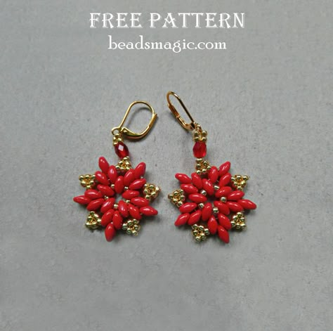 Diy Poinsettia, Poinsettia Earrings, Embroidered Christmas Ornaments, Christmas Beading, Free Beading Tutorials, Christmas Jewelry Diy, Beads Magic, Beaded Earrings Tutorials, Beading Patterns Free