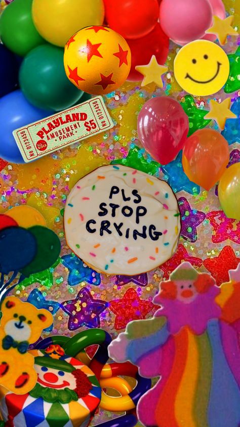 #clowncore #circuscore #clownpunk #clown #circus #brightcolors #rainbow Clown Core, Cute Desktop, Cute Desktop Wallpaper, Stop Crying, Desktop Wallpaper, Circus, Balloons, Rainbow, Cake