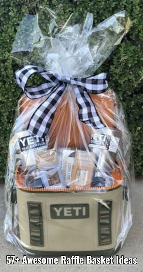 YETI Cooler Raffle Basket - 57+ Awesome Raffle Basket Ideas And Creative Auction Gift Baskets For Fundraising Yeti Gift Basket, Cooler Gift Basket Ideas, Cooler Gift Basket, Silent Auction Gift Basket Ideas, Raffle Gift Basket Ideas, Auction Gift Basket Ideas, Fundraiser Raffle, Fundraiser Baskets, Silent Auction Baskets