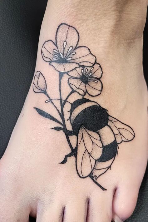 Bee Name Tattoo, Honeycomb Bee Tattoo Design, Bee Holding Flower Tattoo, Bunny And Bee Tattoo, 2 Bumble Bee Tattoo, Bees Flowers Tattoo, Honey Comb And Bees Tattoo, Bee Rose Tattoo, Bumble Bee Flower Tattoo