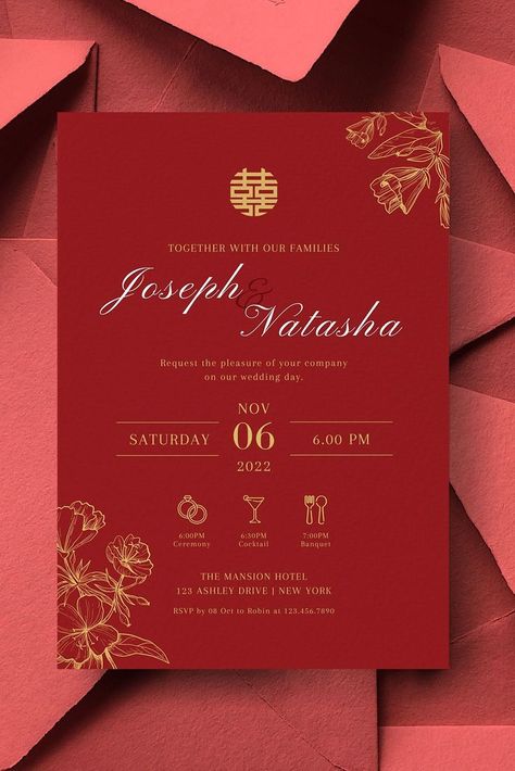 Chinese Wedding Invitation Card Template Bundle, Oriental Minimalist Wedding Card, Gold Red Asian Wedding Mandarin Double Happiness 结婚请柬 Chinese Wedding Card Design, Chinese Invitation Card, Wedding Invitations Chinese, Red Wedding Card, Chinese Invitation, Minimalist Wedding Card, Wed Invitation, Gold Wedding Card, Chinese Wedding Invitation Card