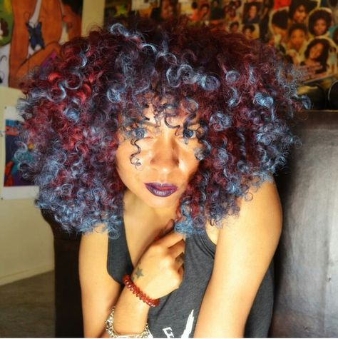 Red Dye Curly Hair, Red And Blue Hair Ombre, Red And Blue Hair Ideas, Red Blue Hair, Red And Blue Hair, Blue Curly Hair, Blue And Red Hair, Midnight Blue Hair, Color Block Hair