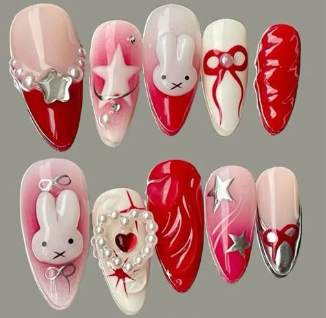 Red Nails Cute Design, Sanrio Valentines Day Nails, Valentines Day Nails Korean, Red Miffy Nails, Japanese Valentines Nails, Valentines Nails Korean, Kawaii Valentines Nails, Korean Valentines Nails, Alt Valentines Nails