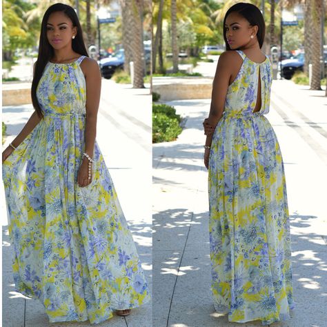 Material Gown Styles For Ladies, Flower Material Gown Styles, Chiffon Dress Long Casual, Material Gown, Gown Styles For Ladies, Materials Gown Style, Floral Print Chiffon Maxi Dress, Casual Gowns, Maxi Halter Dress