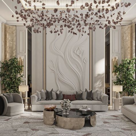 Fall in love with this stunning living room by @tarekalkhattab. Each detail orchestrates a symphony, seamlessly blending modern opulence with contemporary sophistication. What are your thoughts on this mesmerizing space? Discover the epitome of luxury and style with LUXXU's collection – link in the bio! #lifestylebyluxxu #interiordesign #livingroom #luxurylivingroom #luxuryinspiration #designinspiration #luxurylighting #dubai #milliondollarhouses #dubailuxury #design #architectlover #uae #l... Drawing Room Luxury Interior, Wall Panel Design Modern Luxury Living Room, Luxury Living Room Panelling, Double Height Wall Design Modern Luxury, Luxury Wall Panelling Design Lobby, Neo Classical Double Height Living Room, Transitional Style Living Room, Classic House Interior Design, Modern Luxury Living Room