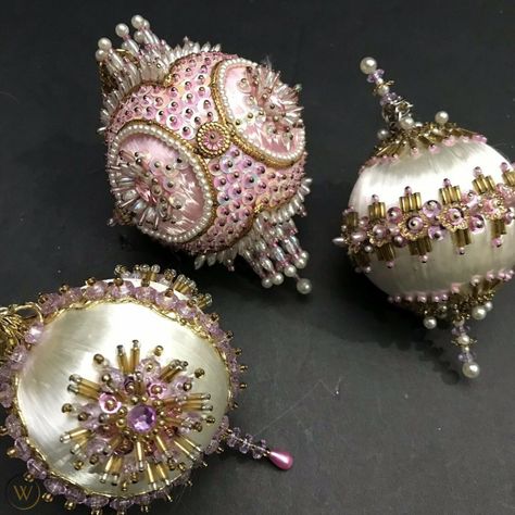 Satin Balls, Vintage Pink Christmas, Fancy Christmas Ornaments, Sequin Ornaments, Victorian Christmas Ornaments, Pink Victorian, White Victorian, Pink Ornament, Beaded Christmas Ornaments