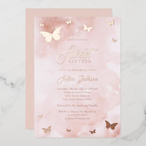 Pink Butterfly Sweet 16, Butterfly Quinceanera Theme, Quinceñera Invitations, Butterfly Sweet 16, Rose Gold Quinceanera, Sweet 16 Party Invitations, Quinceanera Pink, Pink Sweet 16, Sweet 16 Themes