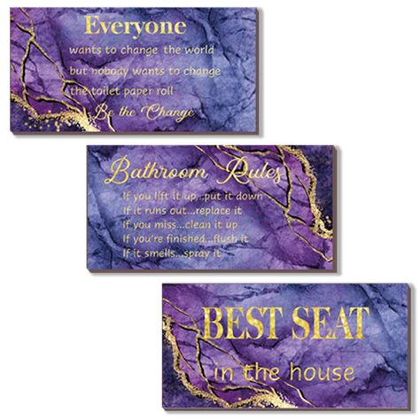 PRICES MAY VARY. Elevate Your Bathroom Decor with a Set of 3: A trio of charming purple gold bathroom rule wall decor pieces, each adorned with a captivating purple gold flower background and a delightful phrase, like ""Best Seat in the House."" Suitable for a cohesive and stylish bathroom upgrade. Ideal Dimensions for Bathroom Elegance: Crafted at an ideal size of 10 x 5 inches, our purple gold bathroom rule signs strike the right balance between visibility and subtlety. Hang them effortlessly Purple And Gold Bathroom, Toilet Wall Decor, Bathroom Toilet Wall, Sign For Bathroom, Wall Decor Purple, Purple Bathroom Accessories, Bathroom Rules Sign, Purple Bathroom Decor, Purple Wall Decor