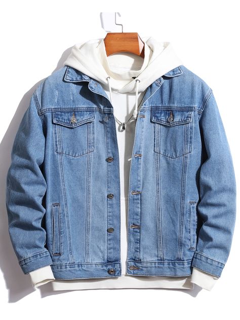 Light Wash Casual Collar Long Sleeve Denim Plain Other Embellished Non-Stretch  Men Denim Jean Jacket Outfits Men, Jean Jacket And Jeans, Jaket Denim, Jean Jacket Outfits, Jean Jacket Men, Men Fashion Casual Shirts, Denim Chic, Cool Outfits For Men, Denim Jacket Men