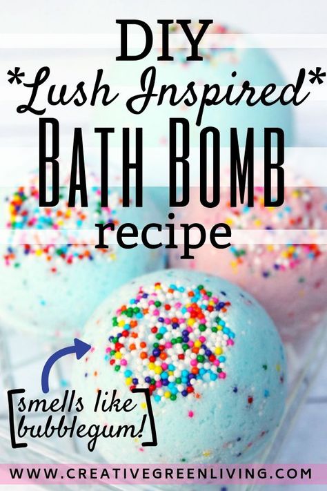 Learn how to make Lush style bath bombs! These homemade bath bombs are scented with a unique combination of essential oils that smell like bubble gum! This is the best bath bomb recipe and it's super fun with sprinkles! #creativegreenliving #bathbombs #DIYbeauty #DIYbathbombs #greenbeauty #essentialoils #lush #lushbathbombs Bath Boms, Bath Bomb Ingredients, Chalk Paint Mason Jars, Diy Hanging Shelves, Bombe Recipe, Bath Bomb Recipes, Diy Wall Shelves, Wine Bottle Diy Crafts, Wine Bottle Diy