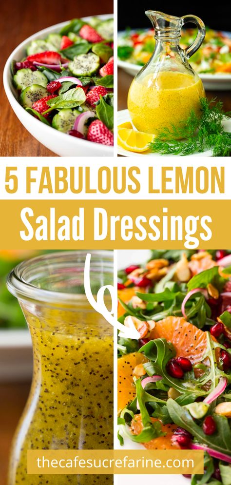 With these 5 Fabulous Lemon Salad Dressings, you can take any ordinary, boring salad into a zesty, flavorful salad. If you enjoy the fresh, vibrant flavor of lemons, you will LOVE this collection of Lemon Salad Dressings. You will never want to purchase dressing again after trying these homemade lemon salad dressings! Salads With Lemon Dressing, Salad Dressing With Lemon Juice, Lemon Vinegrette Dressing, Sweet Lemon Vinaigrette, Green Salad With Lemon Vinaigrette, Homemade Lemon Dressing, Bistro Salad With Lemon Herb Vinaigrette, Oil Dressing For Salads, Lemon And Oil Salad Dressing