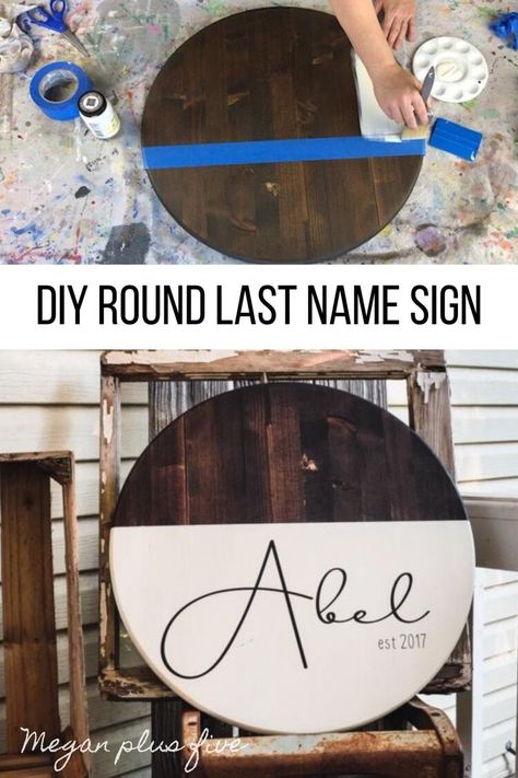 Wood Round Name Sign, Wood Door Hangers Last Name, Round House Signs, Round Signs Wood Diy Last Name, Round Wood Family Signs, Round Wooden Wedding Signs, Best Paint For Wood Signs, Diy Wooden Signs With Vinyl, Wood Cricut Projects Wooden Signs