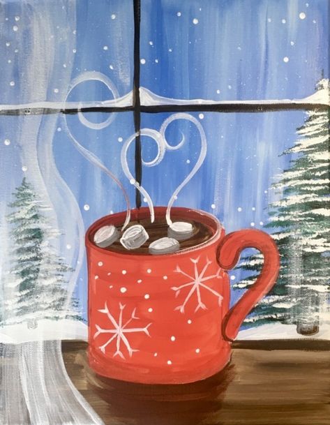 How To Paint “Hot Cocoa Window” - Step By Step Painting Christmas Paintings For Beginners, Easy Christmas Paintings For Beginners, Easy Christmas Paintings, Boyfriend Painting, Paintings For Beginners, Kitty Painting, Christmas Window Painting, Winter Drawings, Christmas Canvas Art